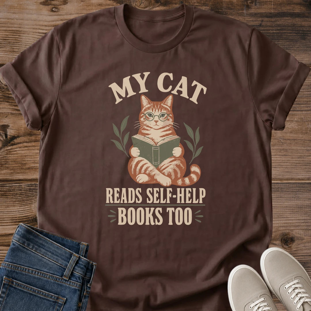 Cozy Reading Shirt Cat Book Lover Tee Cotton Graphic Design Vintage Tabby Illustration Holding Book MY CAT Headline Retro Aesthetic Cream Lettering Leafy Accents Perfect Gift Bookworm Present Cat Owner Literary Enthusiast Casual Comfortable