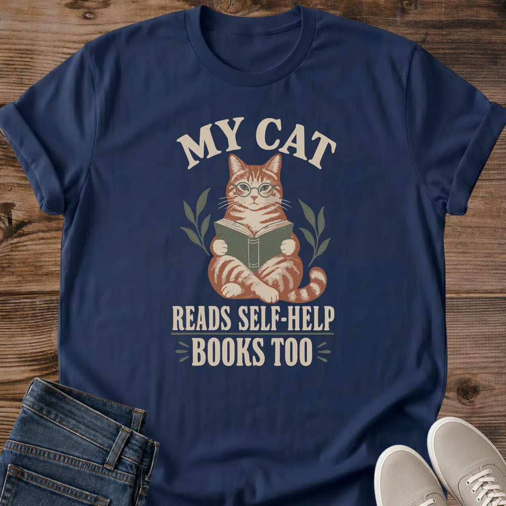 Vintage Cat Shirt Retro Reading Tee Design Cotton Graphic Tabby Cat Holding Book Illustration MY CAT Headline Cozy Aesthetic Cream Lettering Leafy Accents Perfect Gift Book Lover Cat Owner Present Literary Themed Casual Wear Comfortable