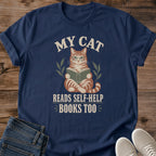 Vintage Cat Shirt Retro Reading Tee Design Cotton Graphic Tabby Cat Holding Book Illustration MY CAT Headline Cozy Aesthetic Cream Lettering Leafy Accents Perfect Gift Book Lover Cat Owner Present Literary Themed Casual Wear Comfortable