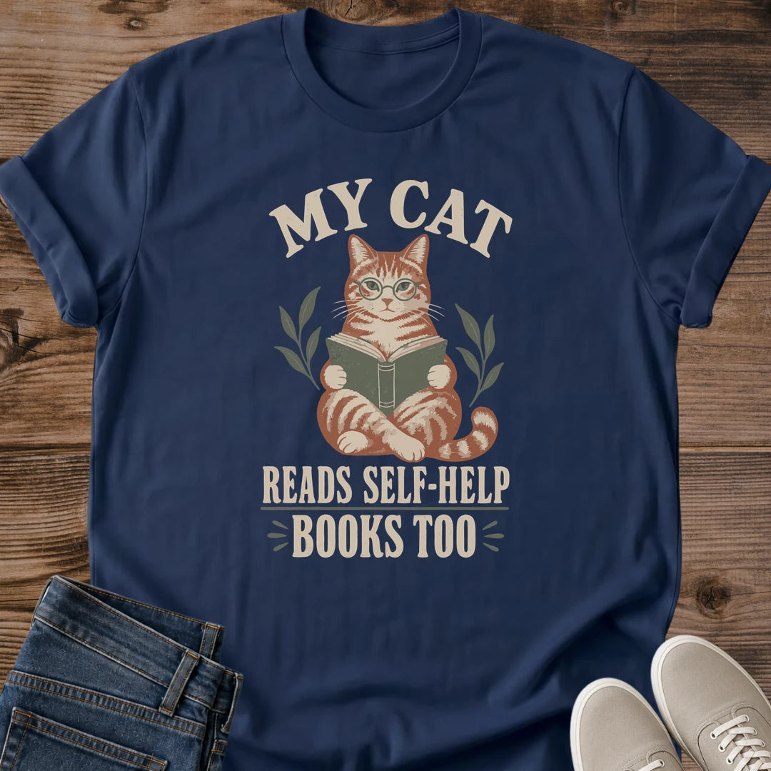 Vintage Cat Shirt Retro Reading Tee Design Cotton Graphic Tabby Cat Holding Book Illustration MY CAT Headline Cozy Aesthetic Cream Lettering Leafy Accents Perfect Gift Book Lover Cat Owner Present Literary Themed Casual Wear Comfortable