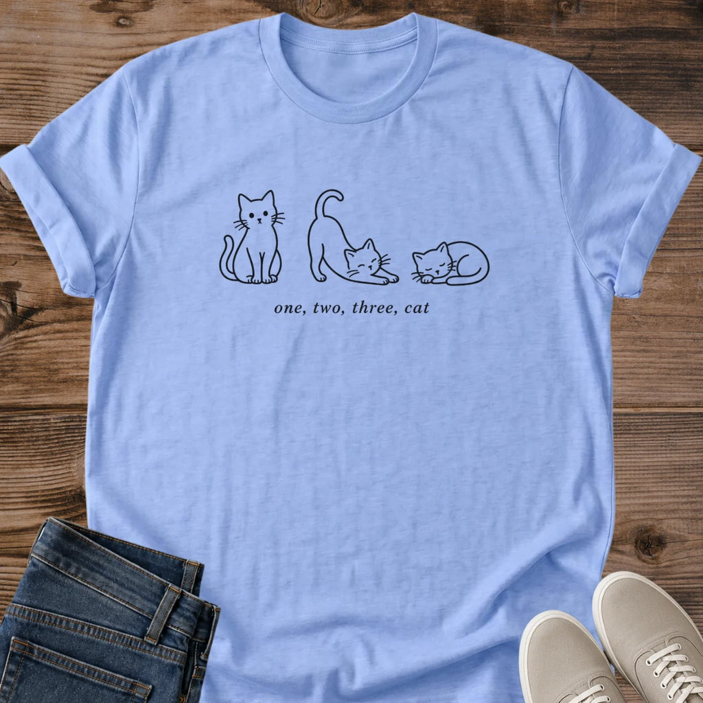 Minimalist Cat Tee Shirt Simple Line Art Design Three Cat Illustration Soft Cotton Blend Fabric Lightweight Casual Wear Comfortable Daily Outfit Whimsical Cat Lover Gift Cozy Aesthetic Fashion Neutral Style Perfect Everyday Tee Lounging At