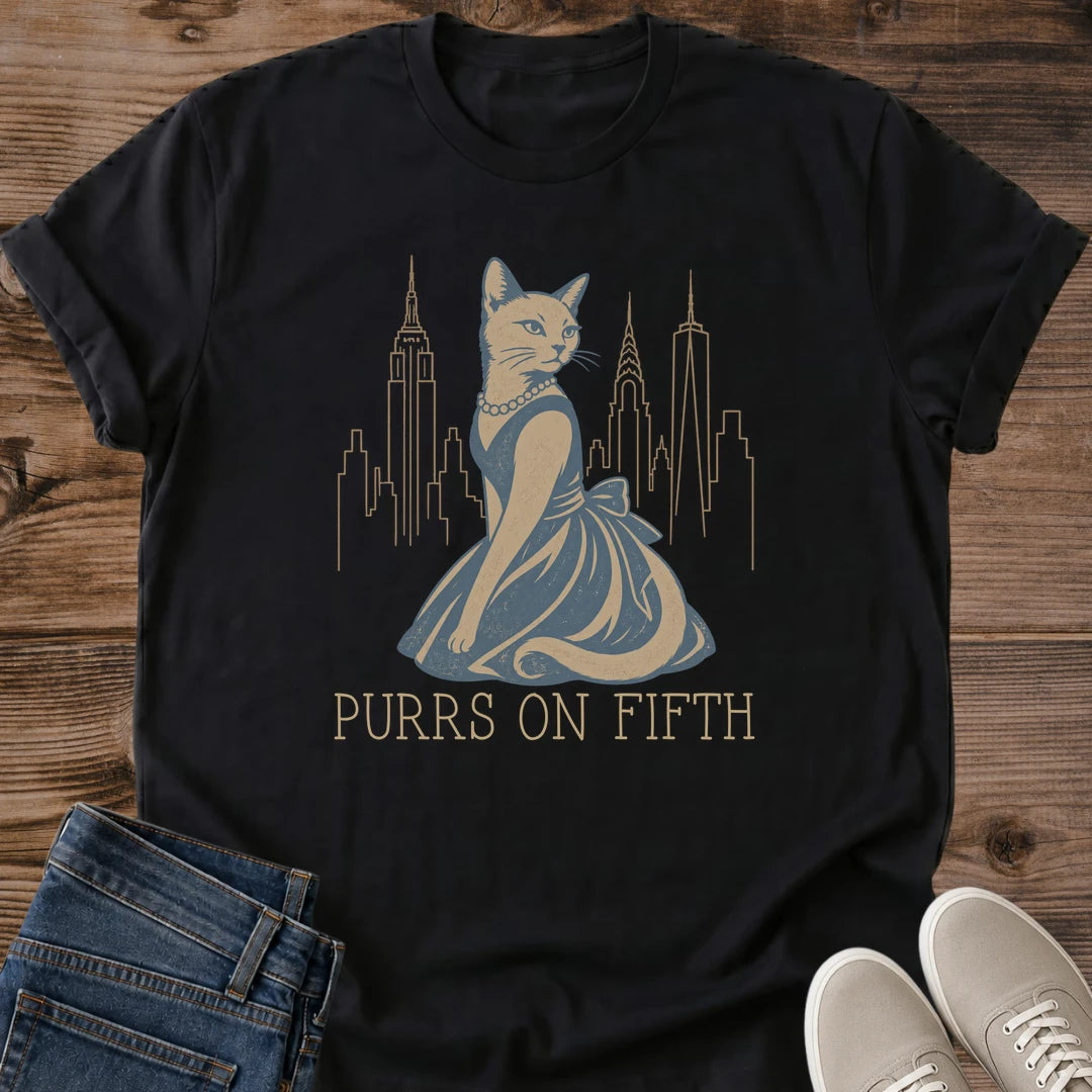 NYC Skyline Graphic Tee Urban Cat Design Vintage City Silhouette Artistic Cat Illustration Pearl Necklace Cat Lover Apparel Metropolitan Fashion Essential Crew Neck Shirt Soft Cotton Casual Wear Coffee Shop Style Weekend Outfit Gallery