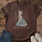 Vintage Cat Shirt Artistic Design Sophisticated Pearl Necklace Cat Illustration NYC Skyline Silhouette Urban Graphic Tee Metropolitan Fashion Statement Cat Lover Gift Crew Neck Design Soft Cotton Fabric Coffee Shop Outfit Weekend Casual