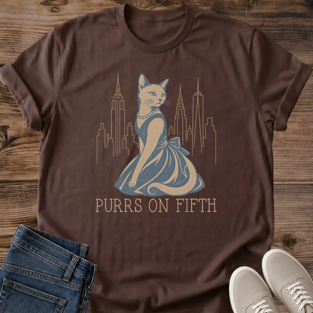 Vintage Cat Shirt Artistic Design Sophisticated Pearl Necklace Cat Illustration NYC Skyline Silhouette Urban Graphic Tee Metropolitan Fashion Statement Cat Lover Gift Crew Neck Design Soft Cotton Fabric Coffee Shop Outfit Weekend Casual