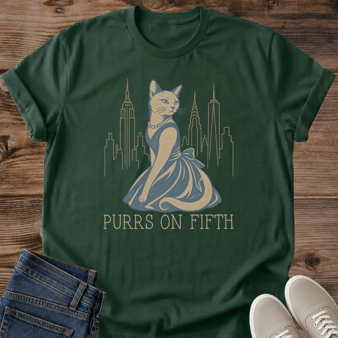 Graphic Tee Collection Cat Design Vintage NYC Skyline Urban Fashion Statement Artistic Cat Illustration Pearl Necklace Detail Metropolitan Style Essential Crew Neck Shirt Cat Lover Apparel Soft Cotton Fabric Weekend Casual Wear Coffee Shop