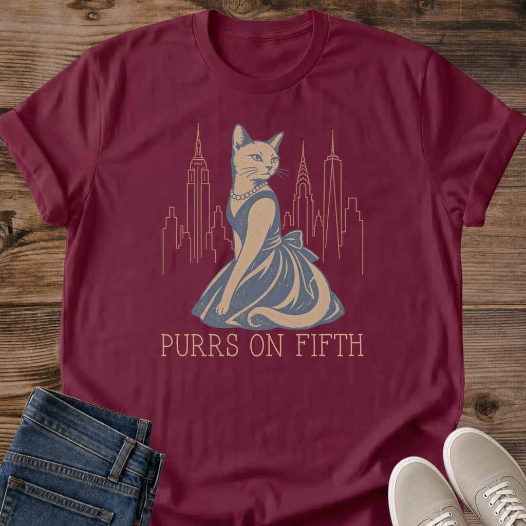 Artistic Cat Print Vintage Design NYC Skyline Graphic Tee Urban Cat Lover Apparel Sophisticated Pearl Necklace Illustration Metropolitan Fashion Essential Crew Neck Shirt Soft Cotton Casual Wear Coffee Shop Style Weekend Outfit City