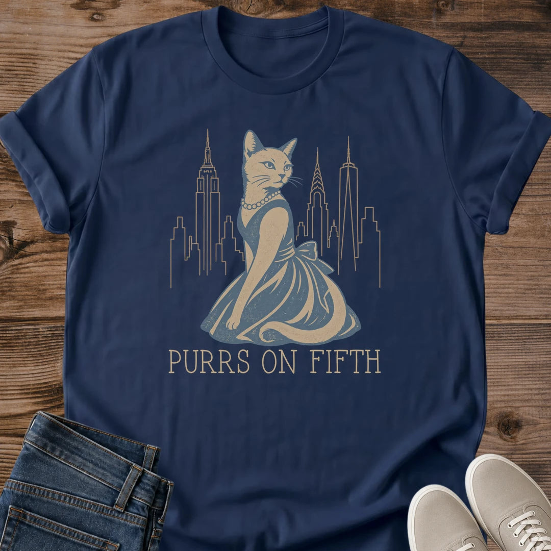 Cat Lover Gift Graphic Tee Vintage Design Artistic Cat Illustration Pearl Necklace Detail NYC Skyline Silhouette Urban Fashion Statement Crew Neck Shirt Soft Cotton Fabric Metropolitan Style Essential Coffee Shop Outfit Gallery Wear Weekend