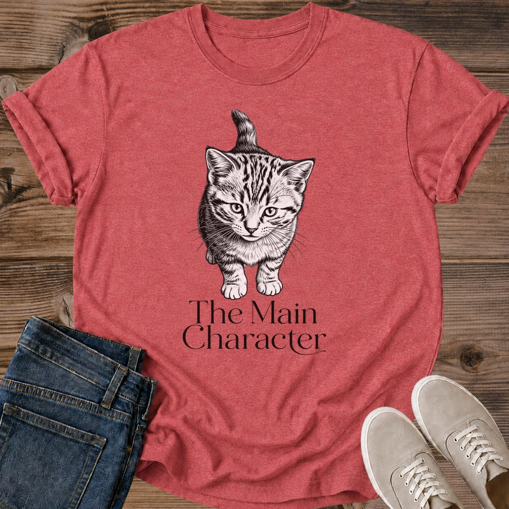 Cotton Cat Shirt With Handdrawn Illustration Soft Comfortable Tee Artistic Tabby Design Perfect Gift For Cat Owner Casual Fashion Wear Lightweight Fabric Detailed Sketch Style Line Art Feline Enthusiast Apparel Birthday Present Everyday
