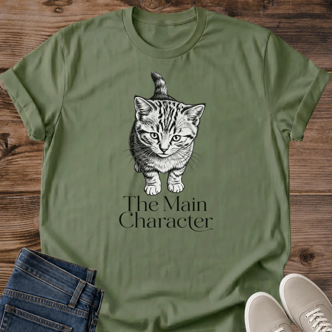 Casual Cat Tee Shirt Comfortable Cotton Fabric Handdrawn Tabby Illustration Perfect Everyday Wear Gift For Cat Owner Soft Lightweight Material Artistic Design Detailed Line Art Sketch Style Feline Fashion Statement Birthday Present Idea