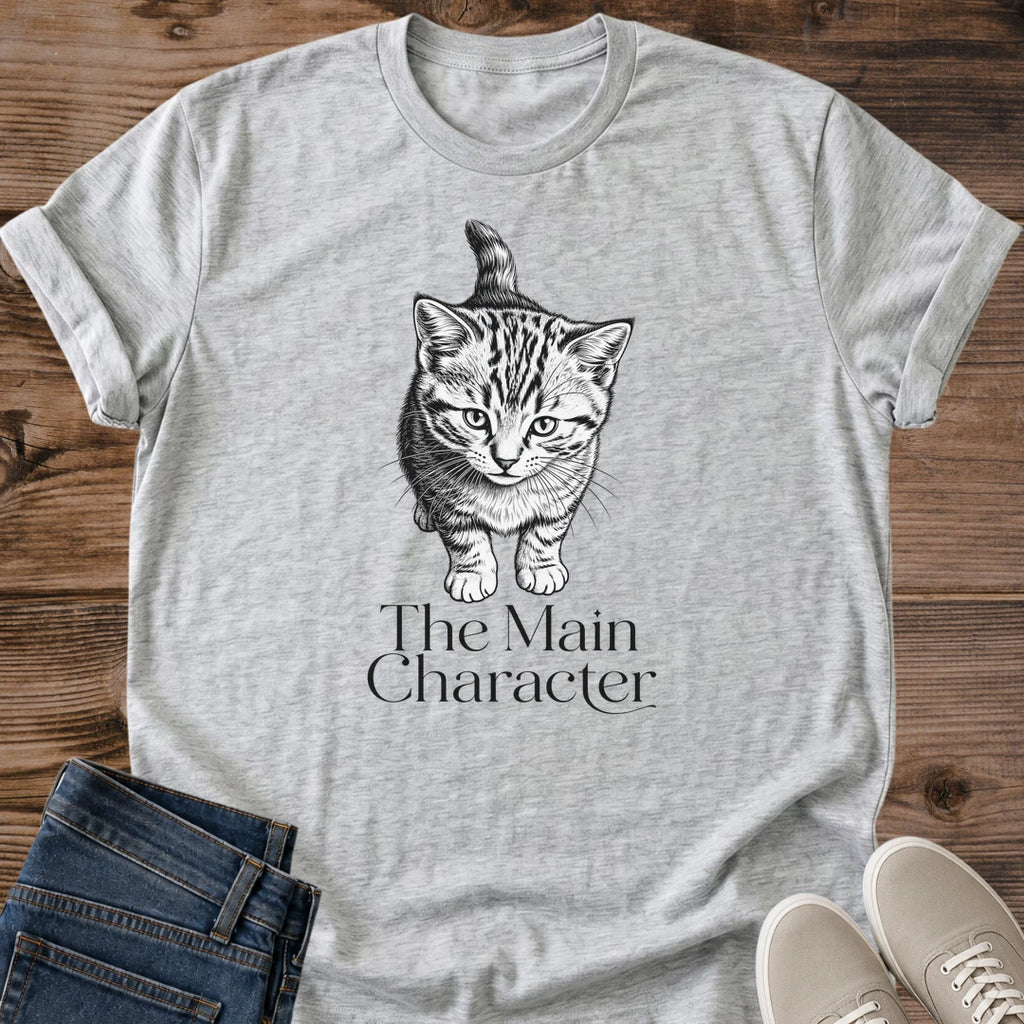 Handdrawn Tabby Design Cotton Tee Artistic Cat Illustration Shirt Soft Comfortable Fabric Perfect Gift For Cat Owner Casual Everyday Fashion Detailed Sketch Style Line Art Lightweight Material Feline Enthusiast Apparel Birthday Present Idea