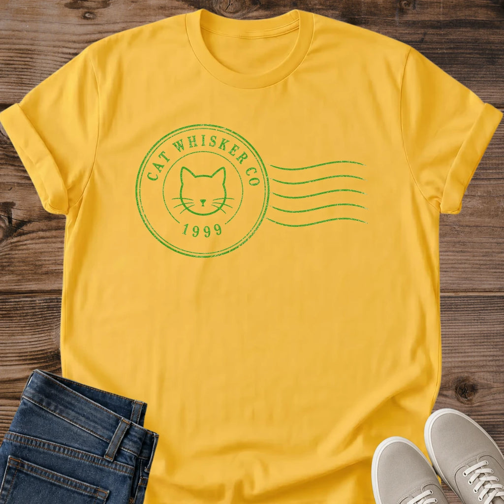 Minimalist Cat Shirt Vintage Sage Green Design Aesthetic Cat Lover Tee Subtle Feline Graphic Shirt Postmark Stamp Style Cat Face Design Soft Green Cat Tee Vintage Inspired Cat Shirt Modern Minimalist Design Cat Whisker Brand Graphic Tee