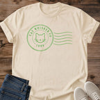 Aesthetic Cat Shirt Minimalist Design Vintage Sage Green Tee Subtle Cat Face Graphic Postmark Style Cat Shirt Vintage Inspired Feline Tee Soft Green Minimalist Design Cat Lover Fashion Statement Contemporary Cat Graphic Shirt Understated