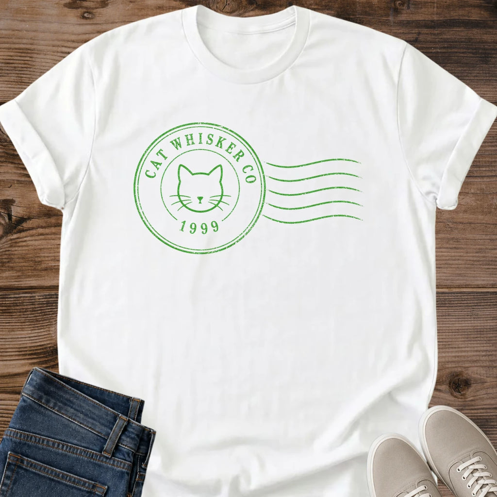 Vintage Cat Tee Sage Green Postmark Design Minimalist Feline Shirt Aesthetic Cat Graphic Tee Subtle Cat Lover Gift Vintage Stamp Design Cat Face Graphic Soft Green Minimalist Shirt Modern Cat Tee Design Understated Style Statement Cat