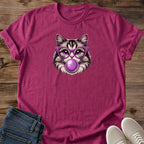 Retro Cat Shirt Conversation Starter Design Quirky Graphic Tee Bubblegum Bubble Print Vintage Fashion Statement Women Casual Wear Lightweight Cotton Fabric Purple Cat Eye Glasses Comfortable Everyday Outfit Breathable Material Perfect Cat
