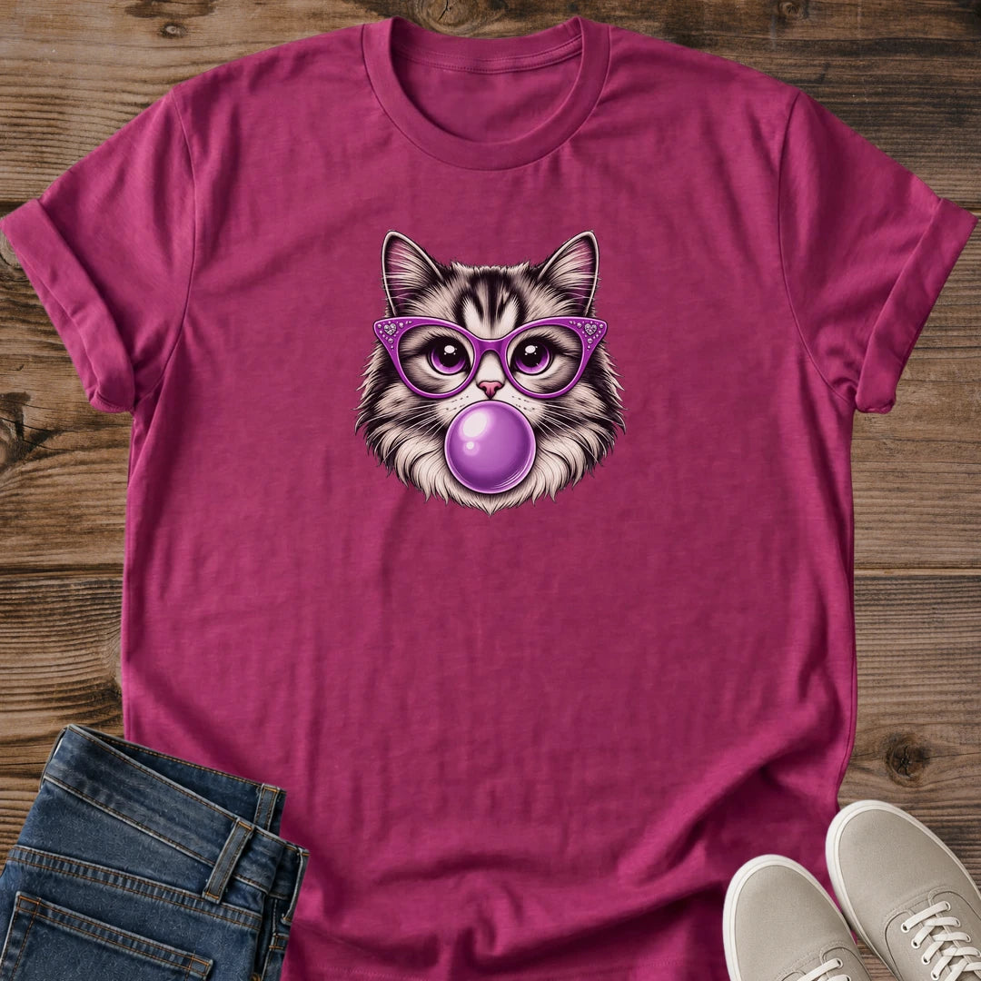 Retro Cat Shirt Conversation Starter Design Quirky Graphic Tee Bubblegum Bubble Print Vintage Fashion Statement Women Casual Wear Lightweight Cotton Fabric Purple Cat Eye Glasses Comfortable Everyday Outfit Breathable Material Perfect Cat