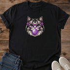 Graphic Tee Women Quirky Cat Design Retro Style Shirt Bubblegum Bubble Print Vintage Fashion Statement Lightweight Cotton Fabric Comfortable Casual Wear Purple Cat Eye Glasses Tabby Illustration Breathable Material Soft Construction Perfect