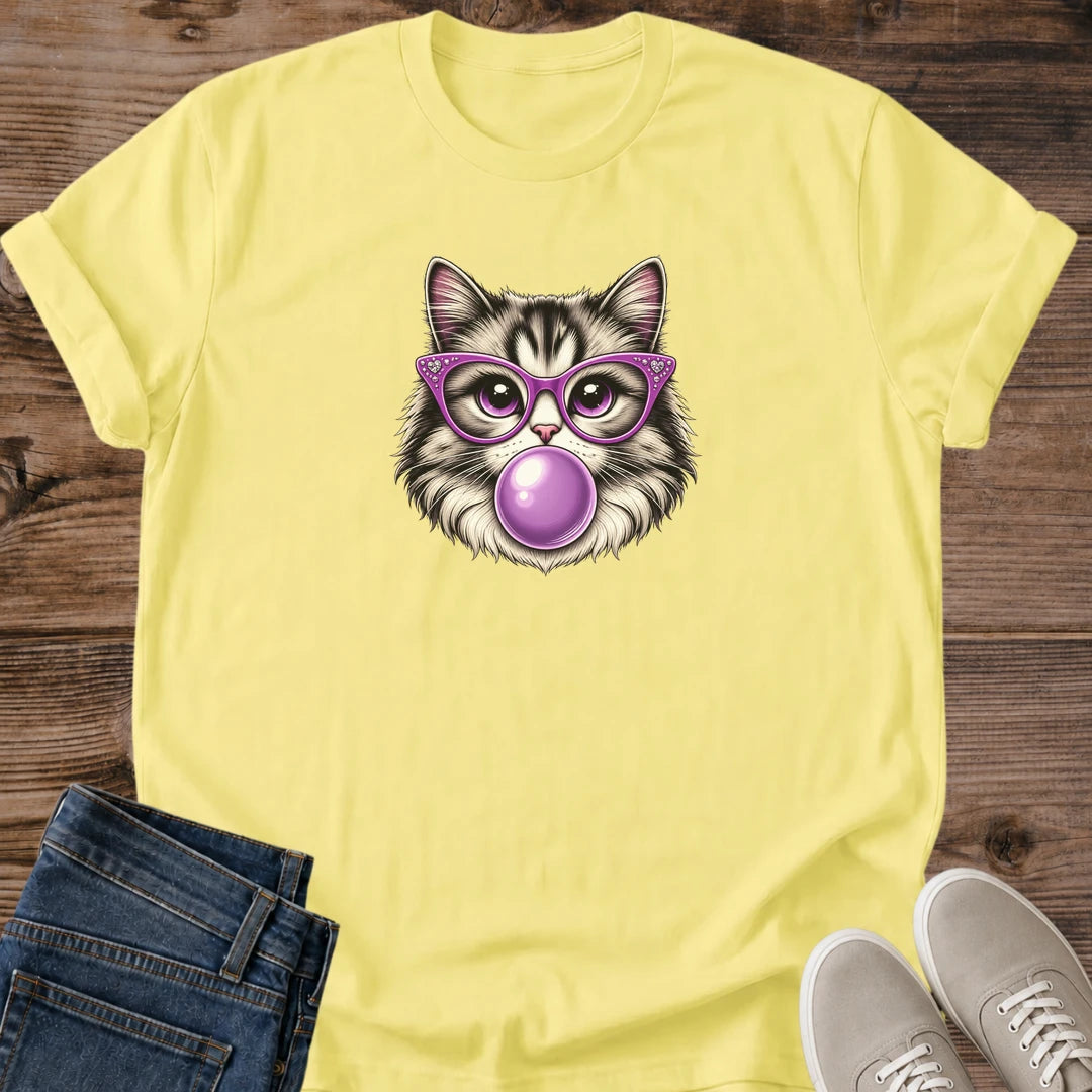 Cotton Graphic Tee Comfortable Cat Design Lightweight Fabric Breathable Material Retro Bubblegum Bubble Print Quirky Fashion Statement Purple Glasses Vintage Style Shirt Women Casual Wear Playful Tabby Illustration Perfect Cat Lover Gift