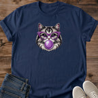 Cat Lover Gift Retro Graphic Tee Bubblegum Bubble Design Vintage Cat Shirt Women Casual Wear Lightweight Cotton Fabric Quirky Fashion Statement Purple Glasses Tabby Print Comfortable Everyday Outfit Breathable Material Soft Tee Playful