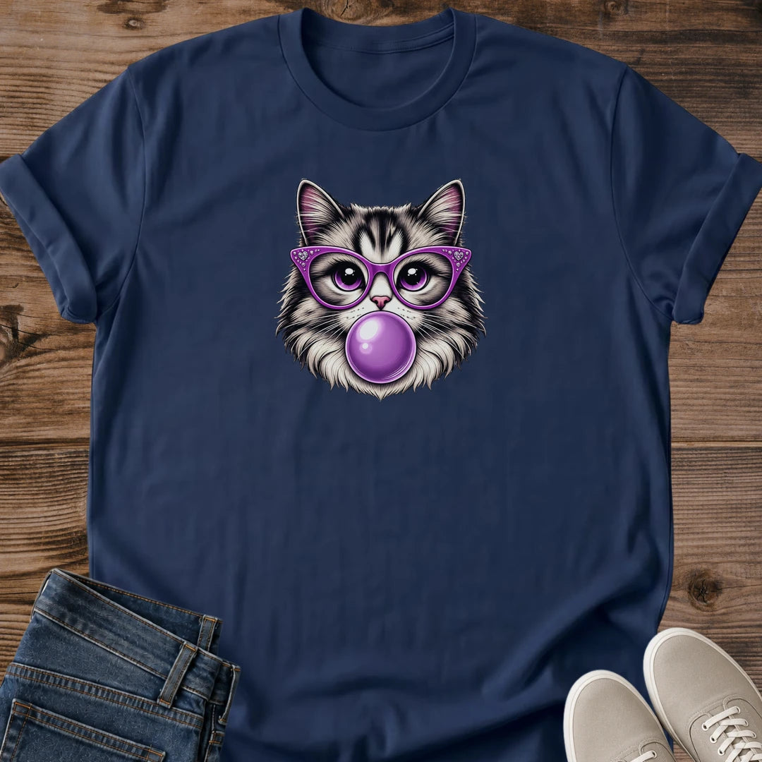 Cat Lover Gift Retro Graphic Tee Bubblegum Bubble Design Vintage Cat Shirt Women Casual Wear Lightweight Cotton Fabric Quirky Fashion Statement Purple Glasses Tabby Print Comfortable Everyday Outfit Breathable Material Soft Tee Playful