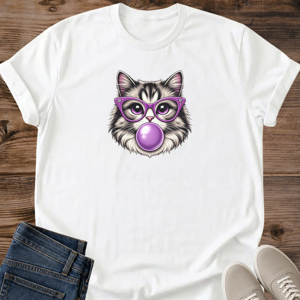 Vintage Cat Shirt Retro Bubblegum Design Quirky Graphic Tee Women Casual Wear Purple Glasses Tabby Print Lightweight Cotton Fabric Comfortable Everyday Outfit Playful Fashion Statement Breathable Material Soft Construction Perfect Cat Lover