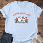 Soft Cotton Cat Shirt Comfortable Casual Tee Vintage Sleeping Cat Design Perfect Gift For Cat Lover Retro Graphic Apparel Lightweight Breathable Fabric Ring Spun Cotton Construction Funny Cat Mom Shirt Cozy Everyday Wear Ribbed Crew Neck