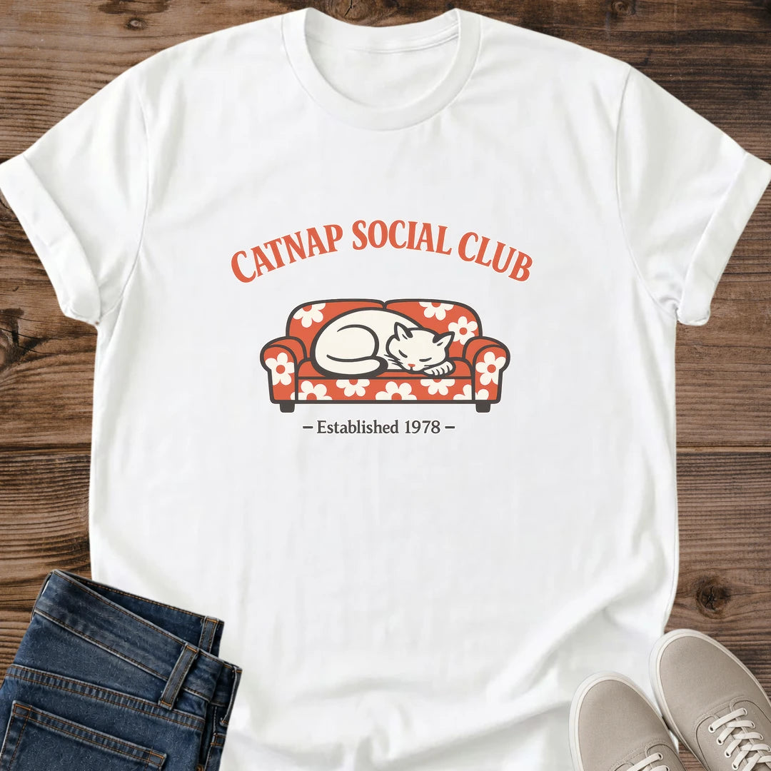 Retro Cat Graphic Tee Vintage Design Shirt Soft Lightweight Cotton Comfortable Casual Wear Sleeping Cat Print Perfect Cat Lover Gift Breathable Fabric Construction Funny Cat Themed Apparel Cozy Loungewear Essential Everyday Comfort Shirt