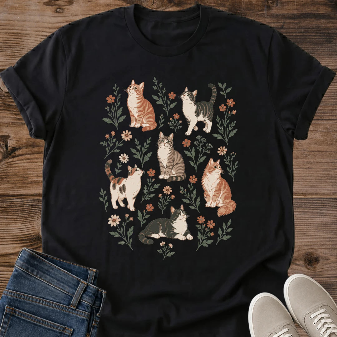 Cat Garden Shirt Cats And Flowers Tee Playful Cats Scattered Through Pink And Coral Blooms Illustration Soft Vintage Floral Art Multi Cat Household Shirt Cat Owner Gift For Her Cat Dad Tee Soft Cotton Unisex Shirt Cat Whisker Co