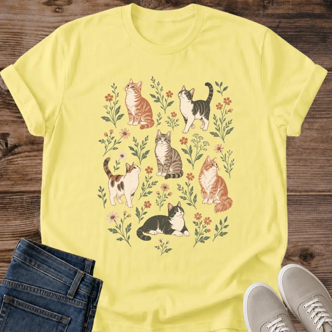 Cat Garden Shirt Cats And Flowers Tee Playful Cats Scattered Through Pink And Coral Blooms Illustration Soft Vintage Floral Art Multi Cat Household Shirt Cat Owner Gift For Her Cat Dad Tee Soft Cotton Unisex Shirt Cat Whisker Co