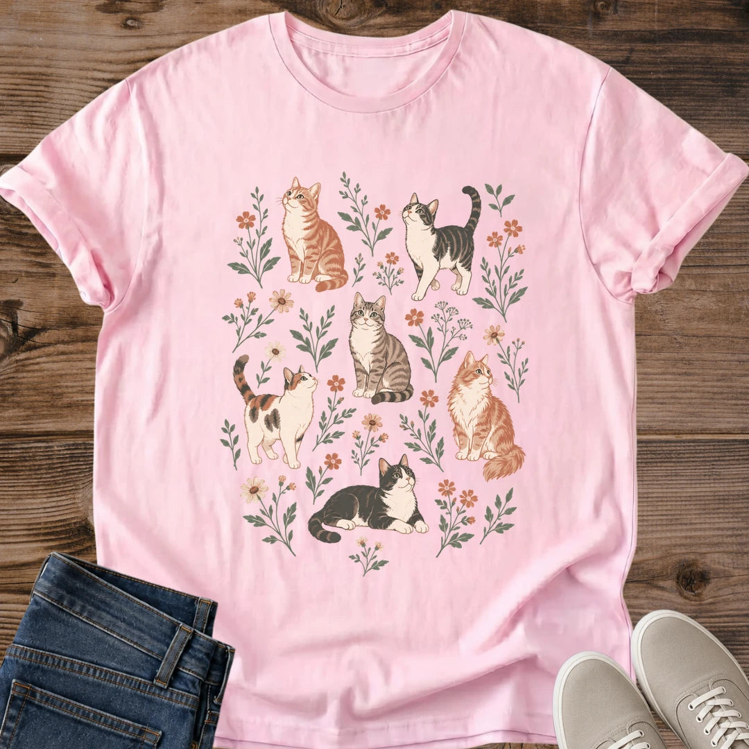 Floral Cat Pattern Shirt Cats And Flowers Tee Hand Illustrated Cats Of Every Color Botanical Scatter Graphic Cat Owner Shirt Gift For Cat Lovers Grandmillennial Tee Whimsical Garden Cat Shirt Unisex Ringspun Cotton Shirt Cat Whisker Co