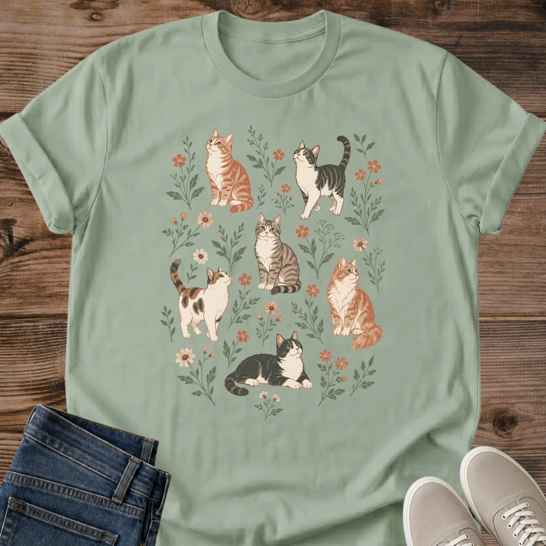 Cats And Flowers Shirt White Cottagecore Cat Tee Garden Of Cats Among Wildflowers Graphic Vintage Botanical Cat Pattern Shirt Orange Tabby Calico And Tuxedo Cats Tee Cat Mom Gift Multi Cat Gift Gildan 64000 Softstyle Unisex Cat Whisker Co