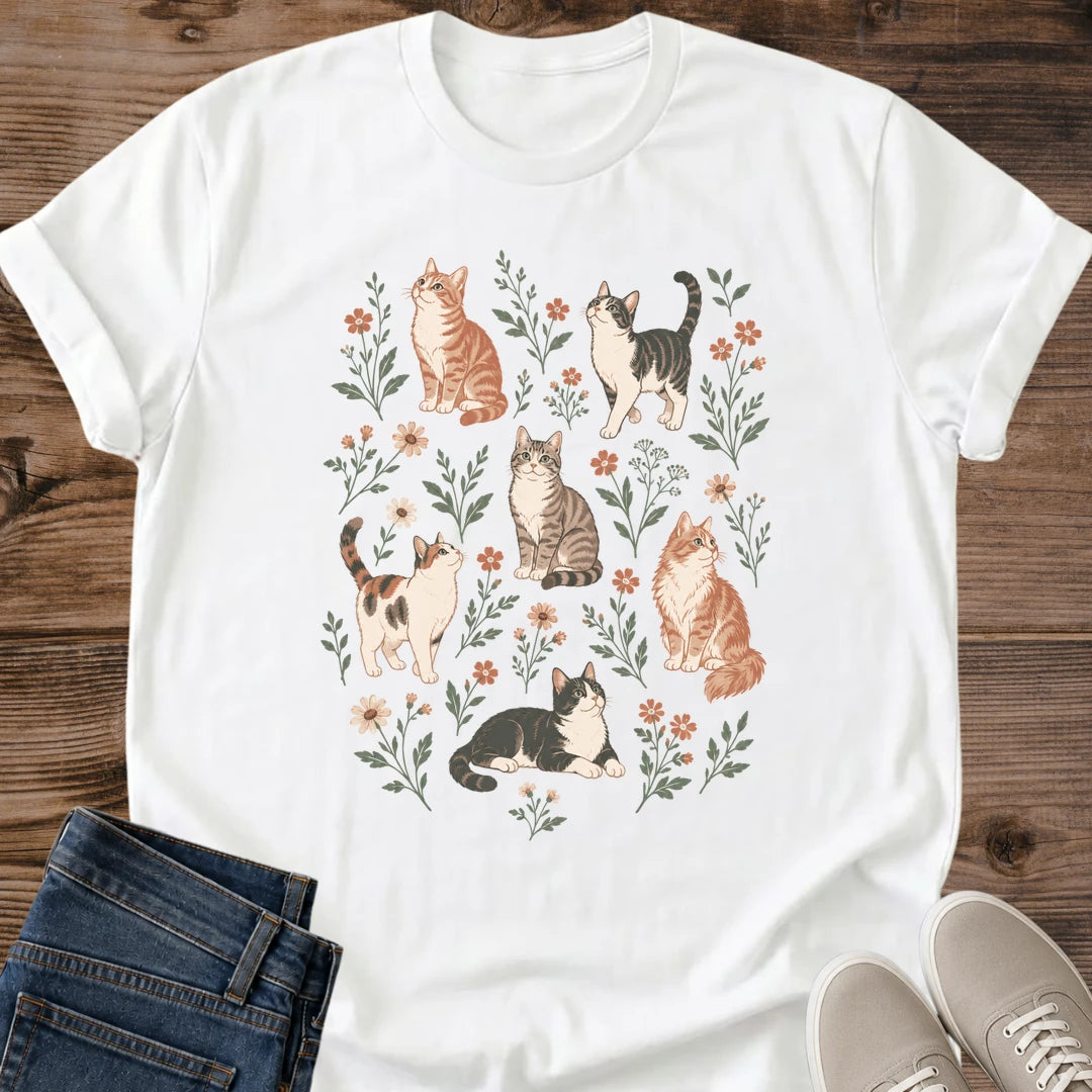 Cat Garden Shirt Cats And Flowers Tee Playful Cats Scattered Through Pink And Coral Blooms Illustration Soft Vintage Floral Art Multi Cat Household Shirt Cat Owner Gift For Her Cat Dad Tee Soft Cotton Unisex Shirt Cat Whisker Co