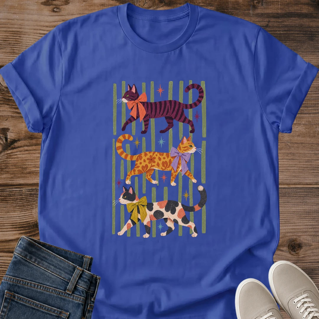 Cat Lover Gift Shirt Cats In Scarves Colorful Cat Graphic Tee Three Cats Wearing Bows Vertical Stripe Design Softstyle Ring Spun Cotton Relaxed Fit Casual Wear Playful Cat Art Shirt