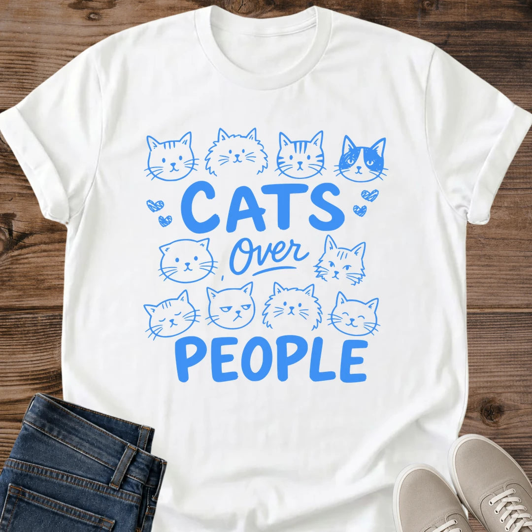 Multi Cat Household Shirt Cats Over People Cute Cat Tee Hand Drawn Kitty Faces Blue Ink Doodle Graphic Cat Owner Shirt Gift For Cat Lovers Introverted Cat Mom Tee Whimsical Cat Shirt Unisex Ringspun Cotton Shirt Cat Whisker Co