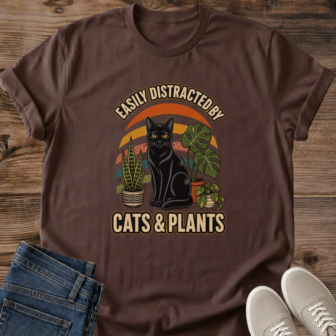 Retro Vintage Cat Shirt Plant Lover Graphic Tee Botanical Cat Design Houseplant Illustration Sunset Background Soft Cotton Material Crew Neck Style Casual Comfortable Wear Perfect For Plant Parent Cat Enthusiast Cozy Everyday Outfit Gift
