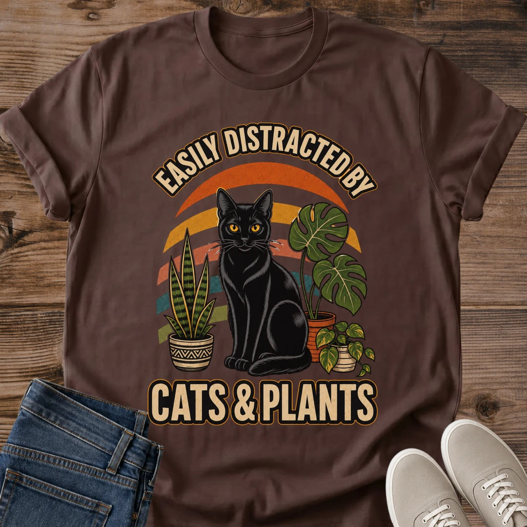 Cat Lover Tee Shirt Plant Parent Apparel Vintage Graphic Design Soft Breathable Cotton Fabric Black Cat Illustration Houseplant Theme Retro Sunset Stripe Background Casual Everyday Wear Crew Neck Style Cozy Comfortable Fit Perfect Gift For