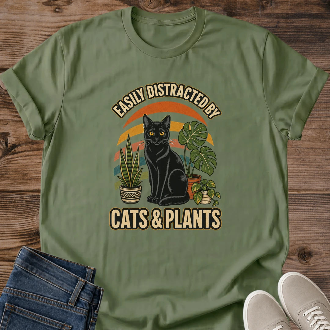 Gift For Cat Plant Lover Vintage Graphic Shirt Retro Design Tee Soft Cotton Fabric Black Cat Houseplant Illustration Sunset Stripe Background Crew Neck Style Casual Everyday Wear Cozy Comfortable Fit Perfect Plant Parent Gift Cat Owner
