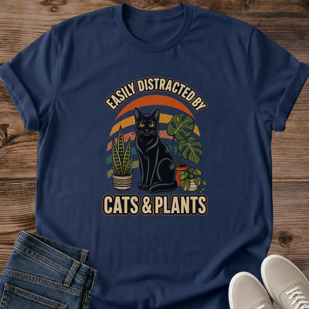 Vintage Cat Plant Shirt Graphic Tee For Plant Parent Cat Lover Retro Design Black Cat Houseplant Illustration Sunset Stripe Background Soft Cotton Fabric Crew Neck Style Casual Everyday Wear Cozy Comfortable Fit Perfect Gift For Cat Owner