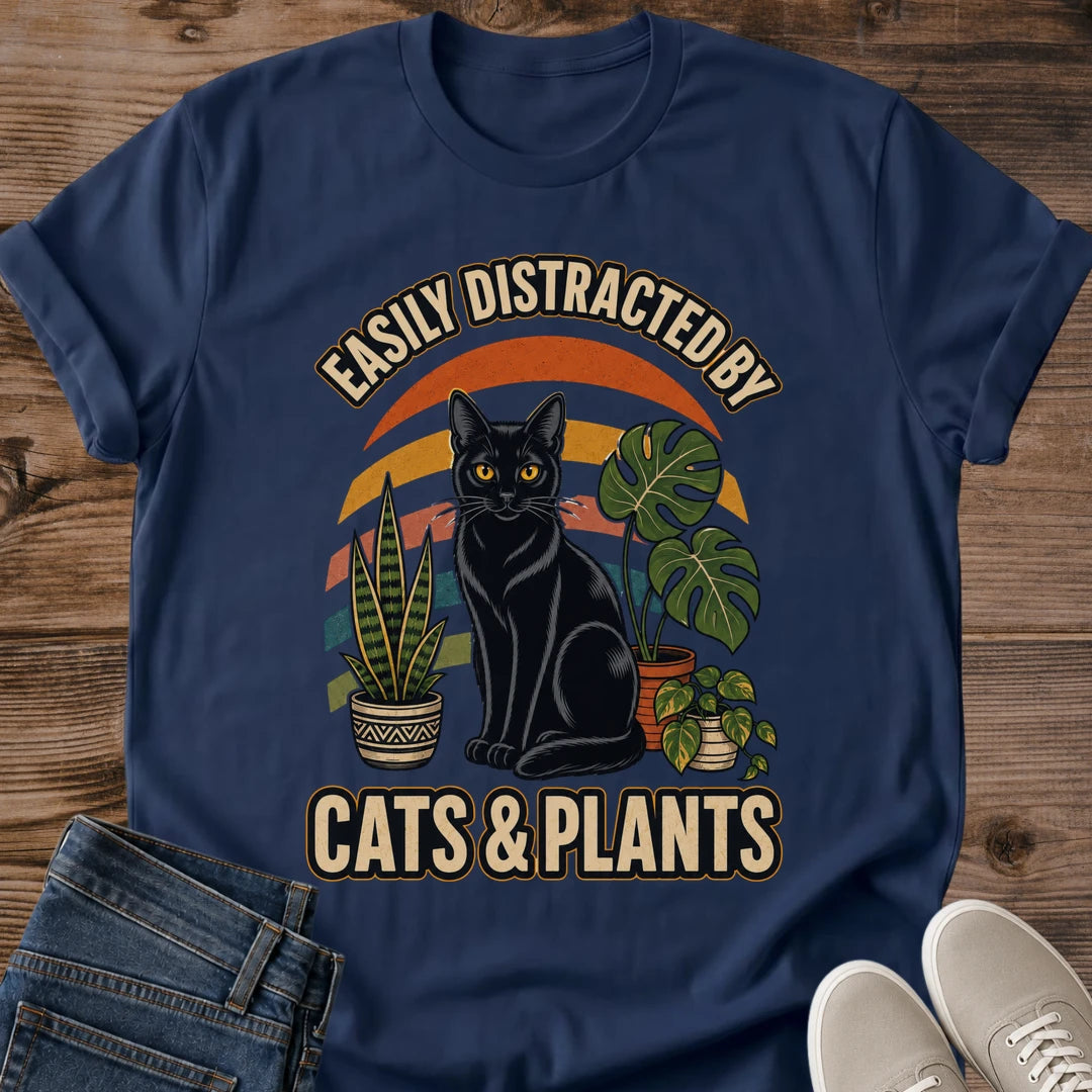 Retro Vintage Cat Shirt Plant Lover Graphic Tee Botanical Cat Design Houseplant Illustration Sunset Background Soft Cotton Material Crew Neck Style Casual Comfortable Wear Perfect For Plant Parent Cat Enthusiast Cozy Everyday Outfit Gift