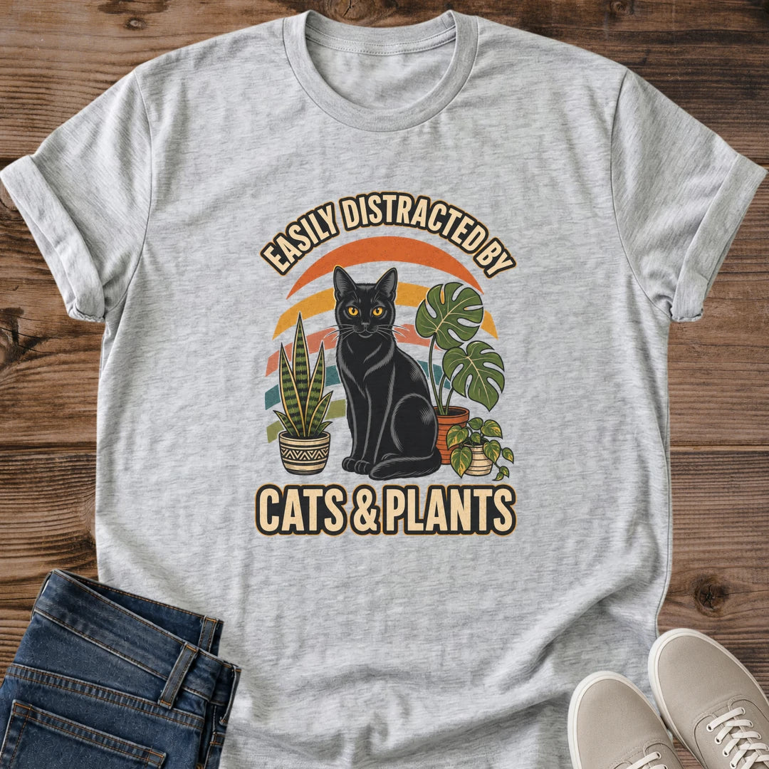 Plant Parent Gift Shirt Vintage Cat Graphic Tee Soft Cotton Fabric Comfortable Casual Wear Black Cat Houseplant Design Retro Sunset Background Crew Neck Style Perfect For Cat Lover Plant Enthusiast Cozy Everyday Outfit Botanical Theme