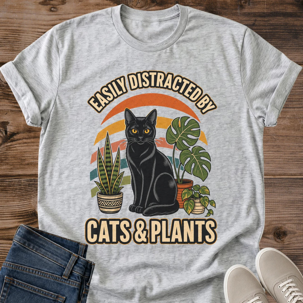 Plant Parent Gift Shirt Vintage Cat Graphic Tee Soft Cotton Fabric Comfortable Casual Wear Black Cat Houseplant Design Retro Sunset Background Crew Neck Style Perfect For Cat Lover Plant Enthusiast Cozy Everyday Outfit Botanical Theme