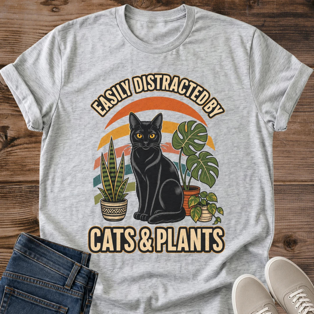 Plant Parent Gift Shirt Vintage Cat Graphic Tee Soft Cotton Fabric Comfortable Casual Wear Black Cat Houseplant Design Retro Sunset Background Crew Neck Style Perfect For Cat Lover Plant Enthusiast Cozy Everyday Outfit Botanical Theme