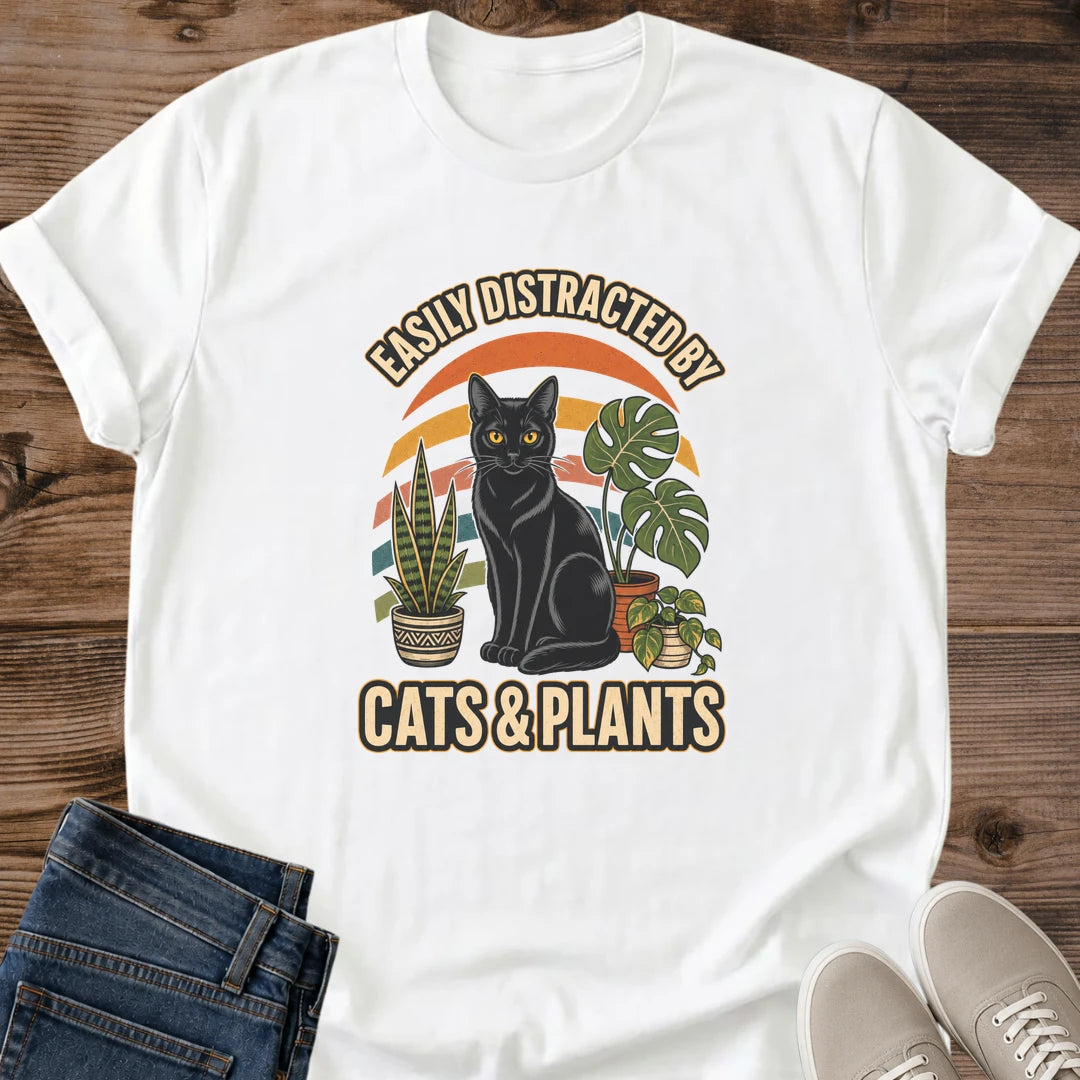 Cat Lover Tee Shirt Plant Parent Apparel Vintage Graphic Design Soft Breathable Cotton Fabric Black Cat Illustration Houseplant Theme Retro Sunset Stripe Background Casual Everyday Wear Crew Neck Style Cozy Comfortable Fit Perfect Gift For