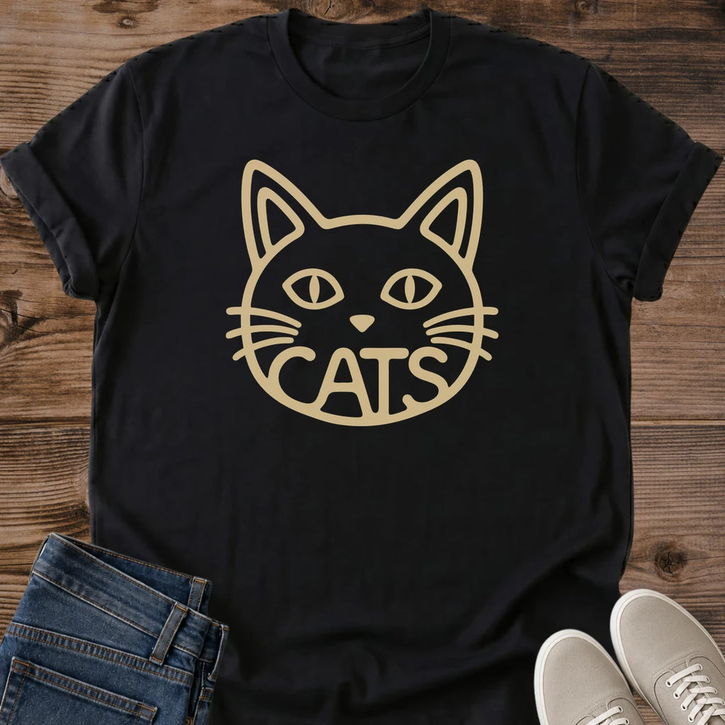 Soft Cotton Tee Vintage Cat Graphic Retro Line Art Design Black Shirt Casual Wear Essential Cat Lover Fashion Pet Owner Style Comfortable Lightweight Fabric Crew Neck Tshirt Relaxed Fit Design Feline Face Print Bold Lettering Everyday