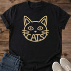 Soft Cotton Tee Vintage Cat Graphic Retro Line Art Design Black Shirt Casual Wear Essential Cat Lover Fashion Pet Owner Style Comfortable Lightweight Fabric Crew Neck Tshirt Relaxed Fit Design Feline Face Print Bold Lettering Everyday