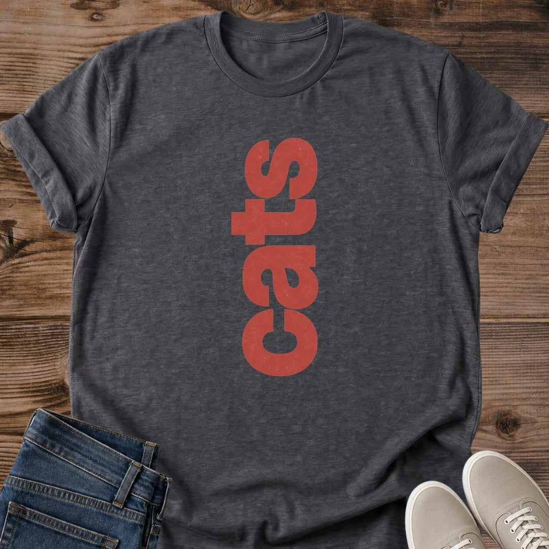 Casual Cat Tee Shirt Comfortable Everyday Wear Graphic Design Typography Pattern Vertical Text Style Modern Apparel Ring Spun Cotton Material Soft Lightweight Fabric Crewneck Collar Cat Lover Gift Idea Contemporary Fashion Statement
