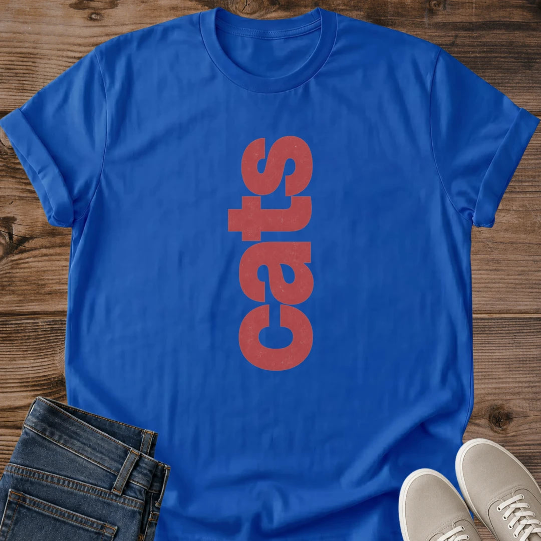 Vertical Design Cat Graphic Tee Modern Typography Shirt Casual Wear Essential Ring Spun Cotton Fabric Comfortable Soft Material Crewneck Style Cat Lover Apparel Gift Contemporary Fashion Piece Minimalist Text Design Lightweight Everyday Tee
