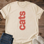 Cat Lover Gift Graphic Tee Shirt Modern Typography Design Vertical Text Pattern Casual Everyday Wear Comfortable Ring Spun Cotton Fabric Soft Lightweight Material Crewneck Style Perfect Cat Theme Apparel Fashion Statement Piece Minimalist