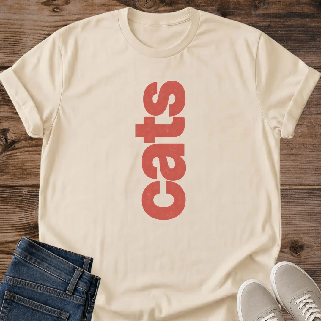 Cat Lover Gift Graphic Tee Shirt Modern Typography Design Vertical Text Pattern Casual Everyday Wear Comfortable Ring Spun Cotton Fabric Soft Lightweight Material Crewneck Style Perfect Cat Theme Apparel Fashion Statement Piece Minimalist