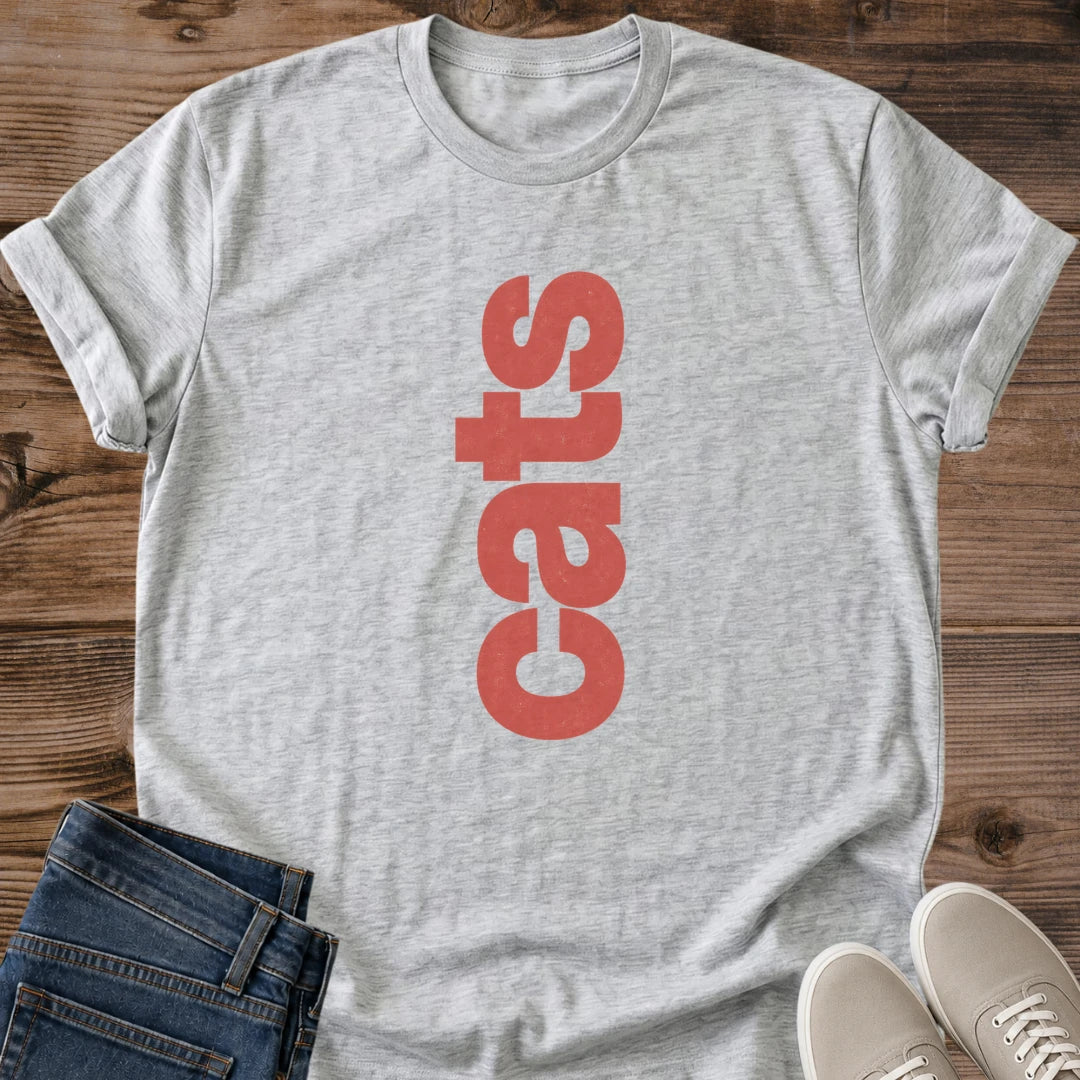 Cat Theme Graphic Tee Shirt Comfortable Casual Wear Modern Typography Design Vertical Text Pattern Ring Spun Cotton Material Soft Lightweight Fabric Crewneck Style Everyday Fashion Essential Cat Lover Gift Idea Minimalist Statement Piece