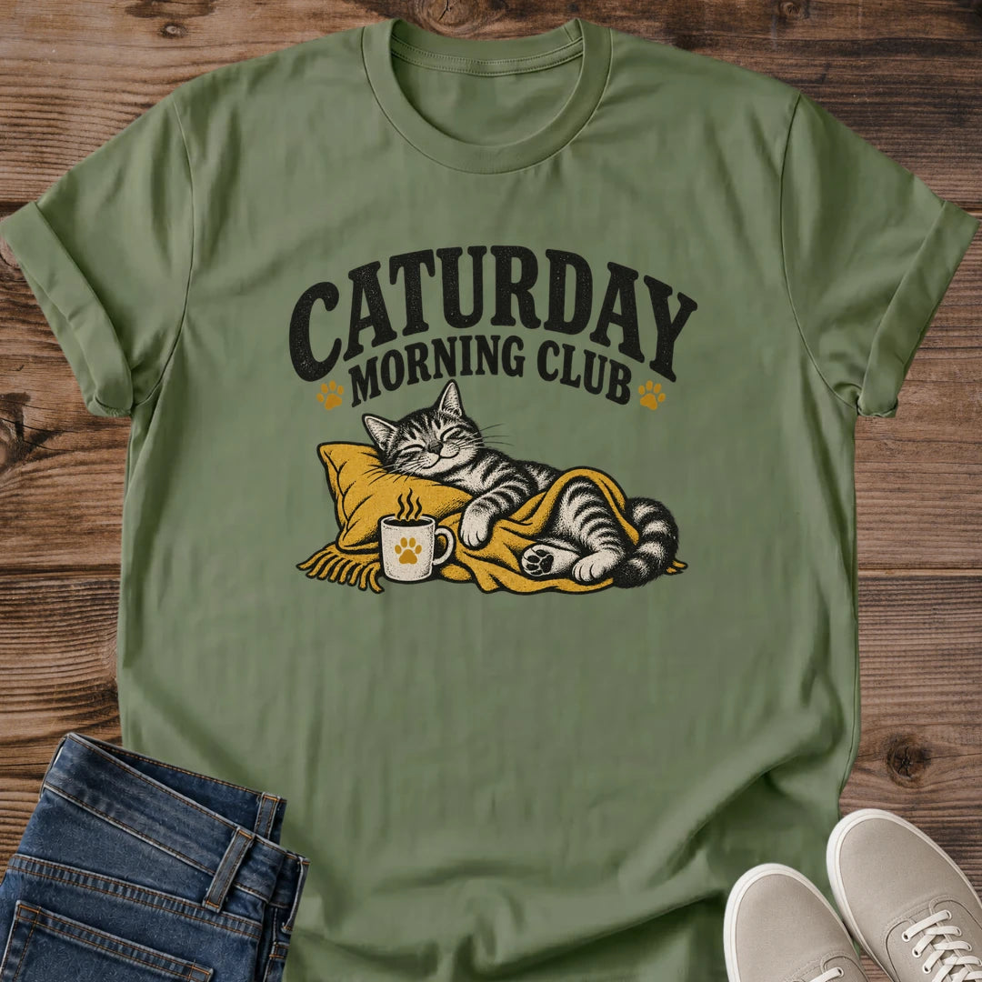 Cat Mom Coffee Shirt Caturday Morning Club Cozy Graphic Tee Relaxing Tabby Cat On Cushion With Steaming Mug Retro Screen Print Cat Lover Gift Comfortable Softstyle Cotton Everyday Casual Wear Weekend Cat Tee Slow Morning Vibes